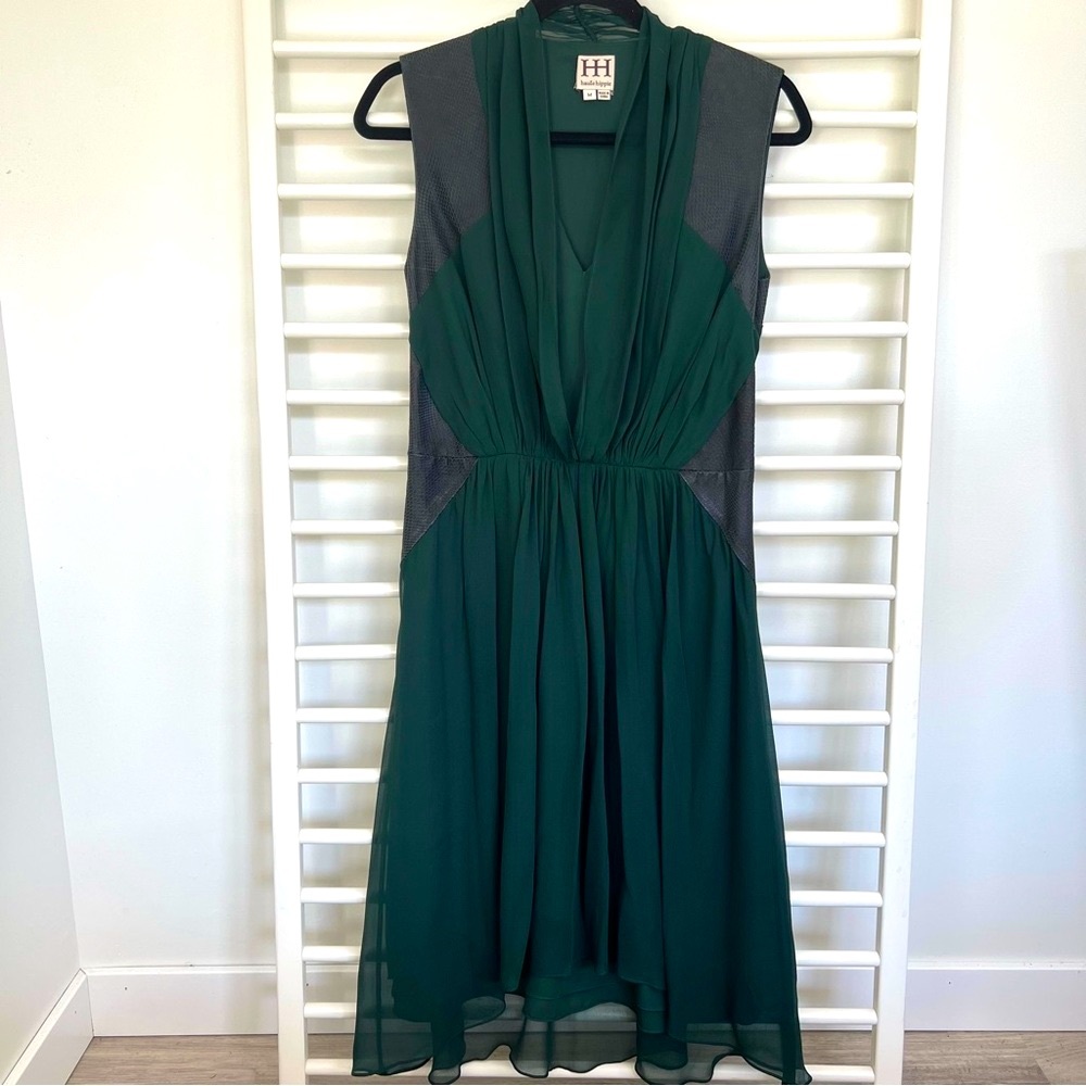 Haute Hippie Forest Green Dress Whimsigoth Silk Leather V-Neck Medium